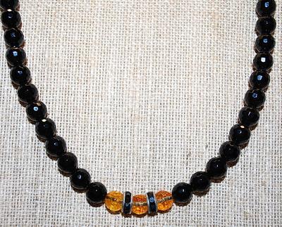 ELASTIC Black Beveled Stone NECKLACE with Triple Amber Colored Stone Accents 14"-16" L