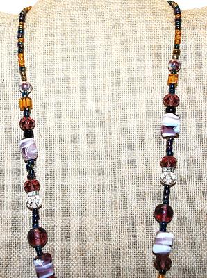 Purple & White Barrels, Globes, Chunk Stones NECKLACE with Amber, Clear + Green Highlight Stones and Screw Barrel Clasp 27" L