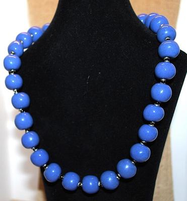 Very Blue Heavy Globes NECKLACE with Black and Metal Spaces with Large Lobster Clasp 18" L