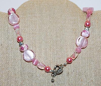 Ceramic PINK RIBBON NECKLACE with "Rose Filled" Bead Accents, Disks, Hearts and HEART Toggle Clasp 24" L