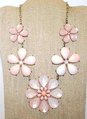 Showy Large PINK PETAL FLOWERS NECKLACE with Pink & Clear Center Stones on a Silver Tone Chain and Lobster Clasp 18" L