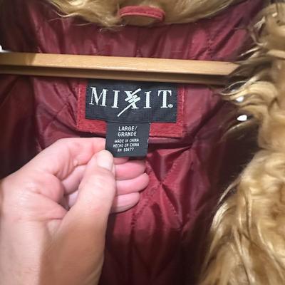 Maroon Leather MixIt Brand Coat with Faux Fur Trim & Decorative Trim Size Large