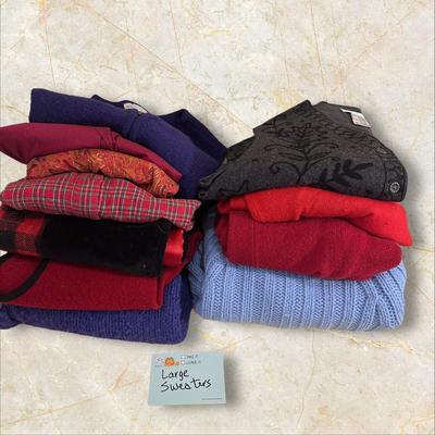 Lot of 13 Women's Size Large Sweaters, Vests, and Shirts