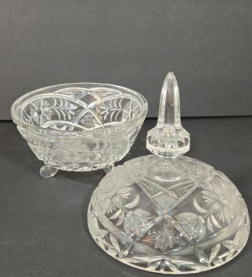 LOT 102D: Crystal Vases, Pitcher, and Footed Candy Dish with Lid