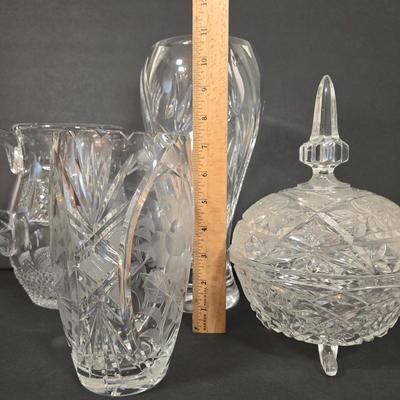 LOT 102D: Crystal Vases, Pitcher, and Footed Candy Dish with Lid