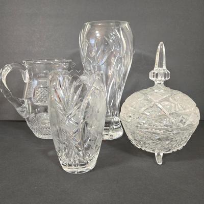 LOT 102D: Crystal Vases, Pitcher, and Footed Candy Dish with Lid