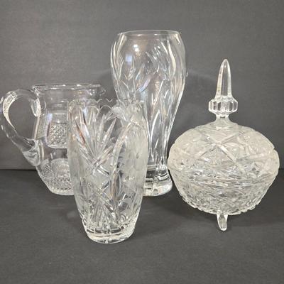 LOT 102D: Crystal Vases, Pitcher, and Footed Candy Dish with Lid