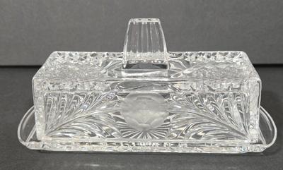 LOT 103D: Crystal Butter Dish, Nut Dish, Syrup Pitcher, Salt and Pepper Shakers, Oil and Vinegar Cruets, and Cordial Glasses