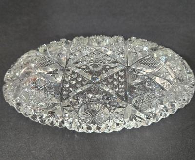 LOT 103D: Crystal Butter Dish, Nut Dish, Syrup Pitcher, Salt and Pepper Shakers, Oil and Vinegar Cruets, and Cordial Glasses