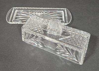 LOT 103D: Crystal Butter Dish, Nut Dish, Syrup Pitcher, Salt and Pepper Shakers, Oil and Vinegar Cruets, and Cordial Glasses