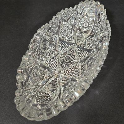 LOT 103D: Crystal Butter Dish, Nut Dish, Syrup Pitcher, Salt and Pepper Shakers, Oil and Vinegar Cruets, and Cordial Glasses