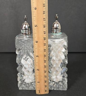 LOT 103D: Crystal Butter Dish, Nut Dish, Syrup Pitcher, Salt and Pepper Shakers, Oil and Vinegar Cruets, and Cordial Glasses