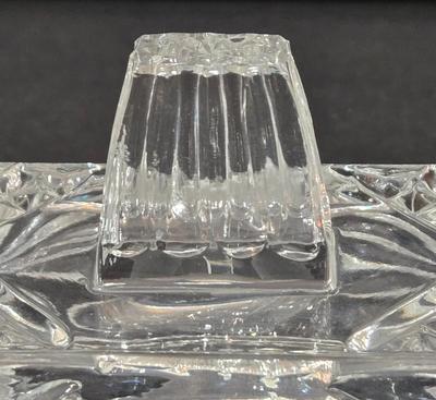 LOT 103D: Crystal Butter Dish, Nut Dish, Syrup Pitcher, Salt and Pepper Shakers, Oil and Vinegar Cruets, and Cordial Glasses