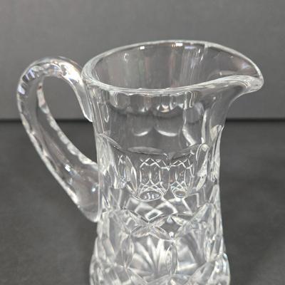 LOT 103D: Crystal Butter Dish, Nut Dish, Syrup Pitcher, Salt and Pepper Shakers, Oil and Vinegar Cruets, and Cordial Glasses