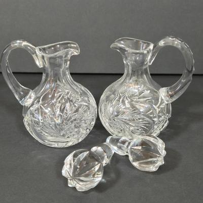 LOT 103D: Crystal Butter Dish, Nut Dish, Syrup Pitcher, Salt and Pepper Shakers, Oil and Vinegar Cruets, and Cordial Glasses
