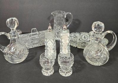 LOT 103D: Crystal Butter Dish, Nut Dish, Syrup Pitcher, Salt and Pepper Shakers, Oil and Vinegar Cruets, and Cordial Glasses