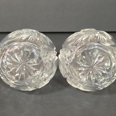 LOT 103D: Crystal Butter Dish, Nut Dish, Syrup Pitcher, Salt and Pepper Shakers, Oil and Vinegar Cruets, and Cordial Glasses