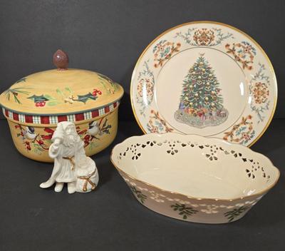 LOT 104D: Lenox 3 Qt. Round Baker, Christmas Tree Plate, Holiday Bowl, and Santa Figurine