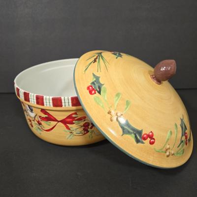 LOT 104D: Lenox 3 Qt. Round Baker, Christmas Tree Plate, Holiday Bowl, and Santa Figurine