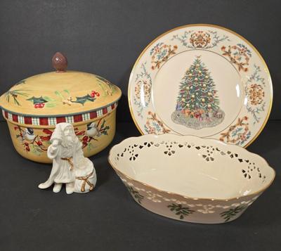 LOT 104D: Lenox 3 Qt. Round Baker, Christmas Tree Plate, Holiday Bowl, and Santa Figurine