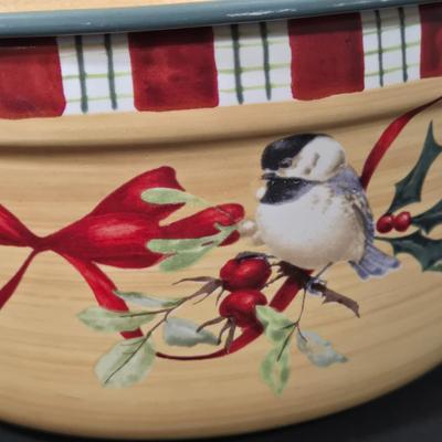 LOT 104D: Lenox 3 Qt. Round Baker, Christmas Tree Plate, Holiday Bowl, and Santa Figurine