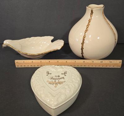 LOT 107D: Lenox Globe Vase, Dove Candy Dish, and 50th Anniversary Heart Shaped Trinket Box with Lid