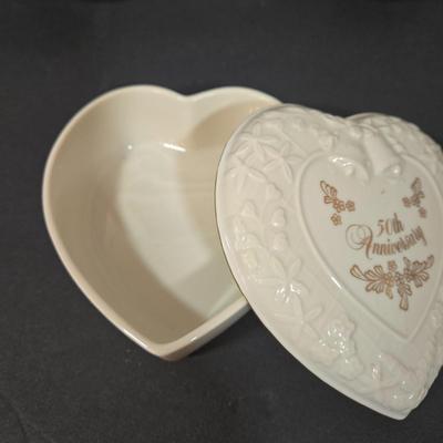 LOT 107D: Lenox Globe Vase, Dove Candy Dish, and 50th Anniversary Heart Shaped Trinket Box with Lid
