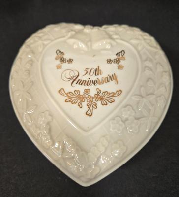 LOT 107D: Lenox Globe Vase, Dove Candy Dish, and 50th Anniversary Heart Shaped Trinket Box with Lid