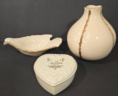 LOT 107D: Lenox Globe Vase, Dove Candy Dish, and 50th Anniversary Heart Shaped Trinket Box with Lid