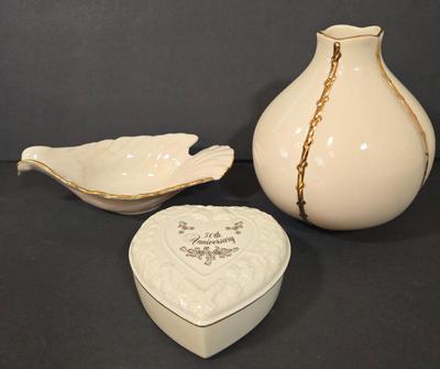 LOT 107D: Lenox Globe Vase, Dove Candy Dish, and 50th Anniversary Heart Shaped Trinket Box with Lid
