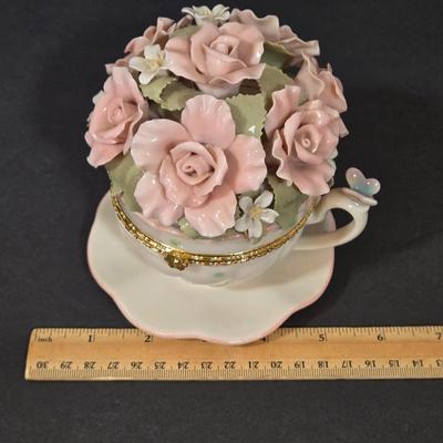 LOT 109D: Mikasa Pink Tulip Bowl, Lenox Cup and Saucer, Fitz and Floyd Trinket Box, and More