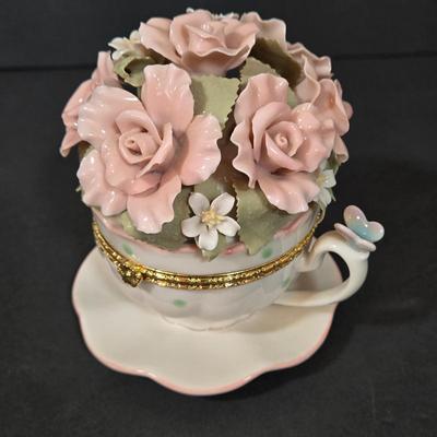 LOT 109D: Mikasa Pink Tulip Bowl, Lenox Cup and Saucer, Fitz and Floyd Trinket Box, and More