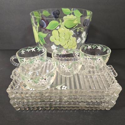 LOT 112D: Hand Painted Trifle Bowl and Four Snack Dishes with Matching Cups