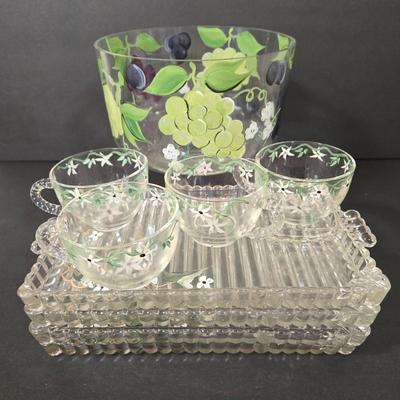 LOT 112D: Hand Painted Trifle Bowl and Four Snack Dishes with Matching Cups