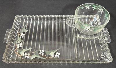 LOT 112D: Hand Painted Trifle Bowl and Four Snack Dishes with Matching Cups
