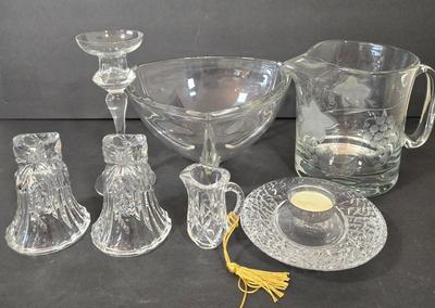 LOT 116D: Crystal Bell Shaped Taper Holders, Grape Vine Pitcher, and More