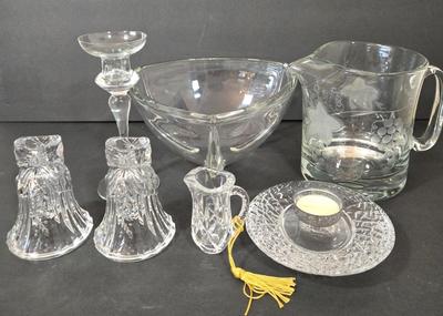 LOT 116D: Crystal Bell Shaped Taper Holders, Grape Vine Pitcher, and More
