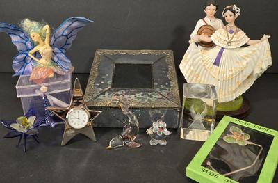 LOT 117D: Glass Vanity Box, Clown Figurine, Dolphin Figurine, and More