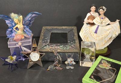 LOT 117D: Glass Vanity Box, Clown Figurine, Dolphin Figurine, and More