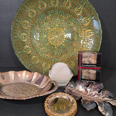 LOT 118D: Large Decorative Bowl, Metal Serving Platters, Coasters, and More