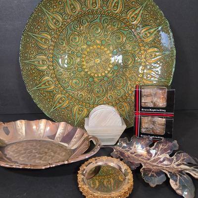 LOT 118D: Large Decorative Bowl, Metal Serving Platters, Coasters, and More
