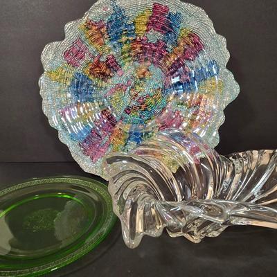 LOT 119D: Beautiful Multi-Colored Decorative Bowl, Crystal Bowl, and Uranium Glass Plate