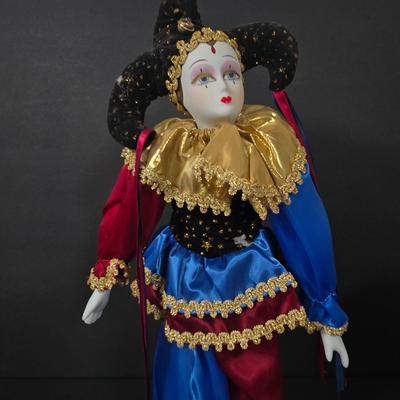 LOT 120D: Harlequin Doll, Clown Doll, and Art Deco Doll with Feathers