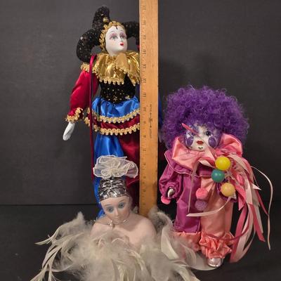 LOT 120D: Harlequin Doll, Clown Doll, and Art Deco Doll with Feathers
