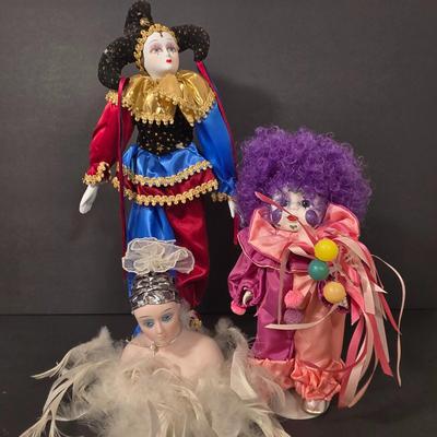 LOT 120D: Harlequin Doll, Clown Doll, and Art Deco Doll with Feathers