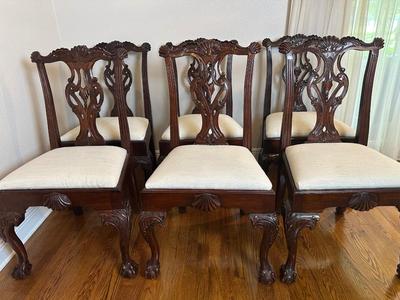 Carved Mahogany-Style Glass Top Dining Table with Six Chairs