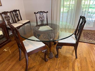 Carved Mahogany-Style Glass Top Dining Table with Six Chairs