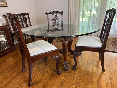 Carved Mahogany-Style Glass Top Dining Table with Six Chairs