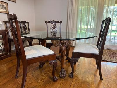 Carved Mahogany-Style Glass Top Dining Table with Six Chairs