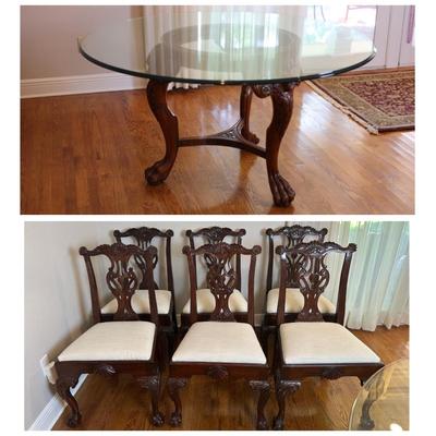 Maitland-Smith Carved Mahogany Glass Top Dining Table with Six Chairs